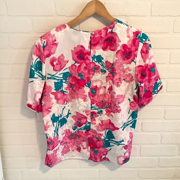 Vintage 80s Blouse Satin Iridescent Floral Paisley Flowy Pink Green White S - Picture 8 of 10